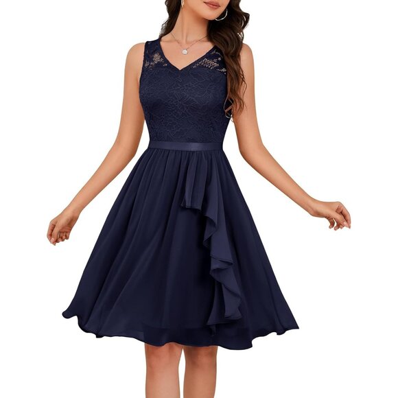 Women's Navy-lace Chiffon Handkerchief Hem Lace Fancy Prom Cocktail Party Dress Women's Navy-lace Chiffon Handkerchief Hem Lace Fancy Prom Cocktail Party Dress